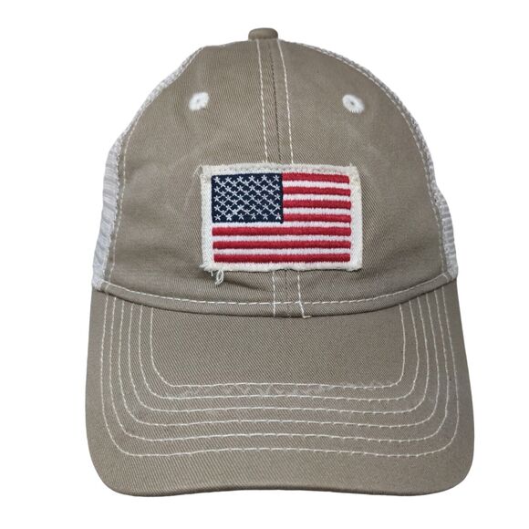 American Flag Strapback Trucker Hat Tan One Size Embroidered Patriotic Mesh Back - Picture 1 of 7